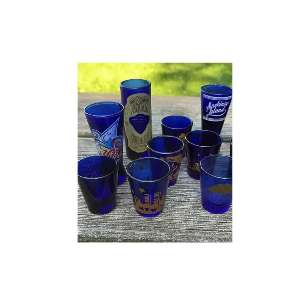 Vintage Park Sherman liquor Dispenser with Cobalt Blue Shot Glass Collection